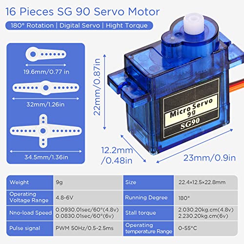 Hanaive 16 Pcs Sg90 9g Mini Micro Servo Motors Rc Servo Kit