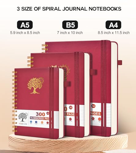 PERCUN Spiral Notebook 300 Numbered Lined Pages Hardcover Journal 8.5"x11" - color: Red, size: A4 size (8.5in x 11.5in)