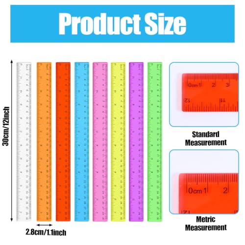 64 Pack Plastic Rulers Bulk, 12 Inch Rulers Bulk in Clear Assorted Colors with Inches and Centimeters, Ruler Set Measuring Drawing Tool for Kids Back to School, Classroom, Office, Home Supplies