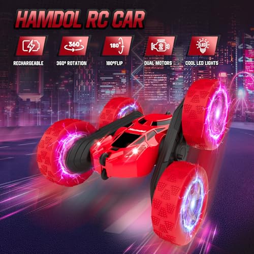 Hamdol Remote Control Car for Kids Ages 6-12, 4WD RC Stunt Car with LED Lights & 360° Flips, 2.4GHz Fast Electric Toy Vehicle, Upgraded Battery, Birthday for Boys Ages 8-10 - color: Red, size: Glow (Headlights & Wheel Lights)