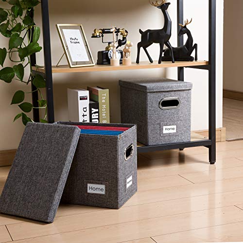 PRANDOM File Organizer Box - Set of 4 Collapsible Decorative Linen Filing Storage Hanging File Folders with Lids Office Cabinet Letter Size Grey (14x9.3x10.8 inch) - color: Grey, size: (4-pack) Without Folders