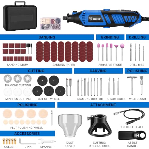 DEKOPRO Rotary Tool Kit, 1.5-Amp Corded Power Rotary Tools with 42" Flex Shaft, 6 Variable Speed, 8,000-35,000 RPM, 129 Pcs Accessories Kit for Cutting, Sanding, Grinding, Carving & DIY Projects Blue - color: Blue