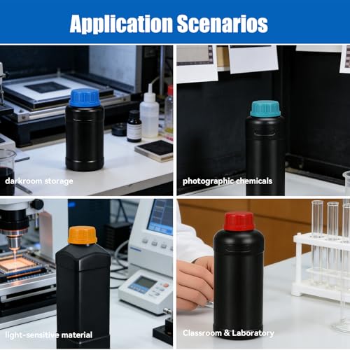 4 Pack 34oz Square Lightproof Black Plastic Bottles with Graduated Lids, Leak Proof Empty Liquid Containers, Travel Pill Bottles, Film Developing Kit & Sample Storage Bottles - size: 34oz
