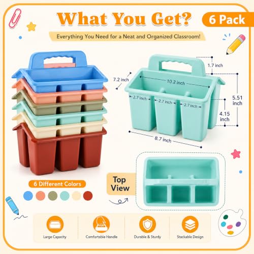 Plastic Classroom Caddy with Handle, 6 Pack 4-Compartment Teacher Supply Organizer, Stackable Desk Caddies for Pencils, Markers, Crayons, Art Craft Supplies, School Office Home, Modern Pastel Colors - color: Modern Classroom Colors