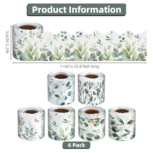 6 Rolls 196.8 Ft Eucalyptus Bulletin Board Border Set - Nature Inspired Greenery Trim for Classroom, Office & School Decor - Green Jungle Theme for Summer Displays-Teacher Decor, Wall & Theme Supplies - style: Eucalyptus Style