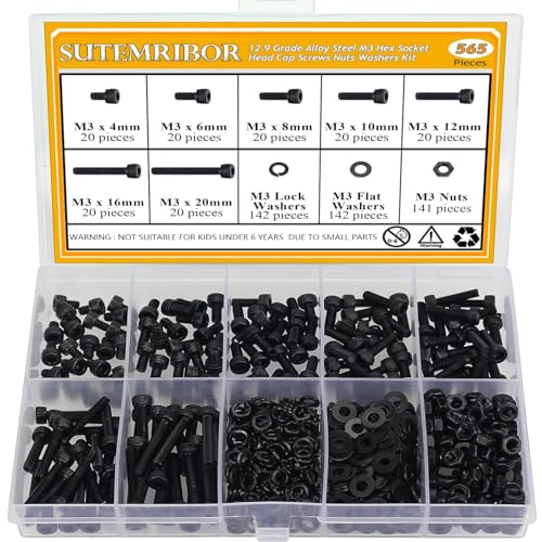 565 Pieces M3 Screws Nuts Washers Set Black, Sutemribor M3 x 4/6/8/10/12/16/20mm Hex Socket Head Cap Screws Nuts Washers Assortment Kit, 12.9 Grade Alloy Steel, Fully Threaded - size: M3, style: Socket Head