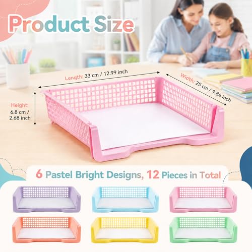 Set of 12 Pastel Turn in Trays for Teachers Stackable Classroom Paper Letter Trays Plastic Classroom Desk Letter Organizer Tray Storage Baskets for Library, Drawers, Office, Home - color: Pastel