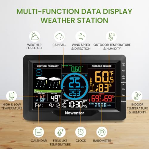 Newentor Weather Station Wireless Indoor Outdoor, Weather Stations with Rain Gauge and Wind Speed, Thermometer Weather Clock Barometers for Home, Atomic Clock with Wind Meter Sensor, Black