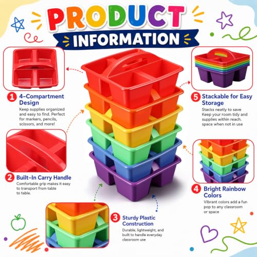 6 Pcs Plastic Classroom Caddy with Handle 4 Compartment Red Classroom Caddies Organizer Classroom Caddy Portable for Teachers, Art Craft Crayon Marker Holder Baskets (Red) - color: Red
