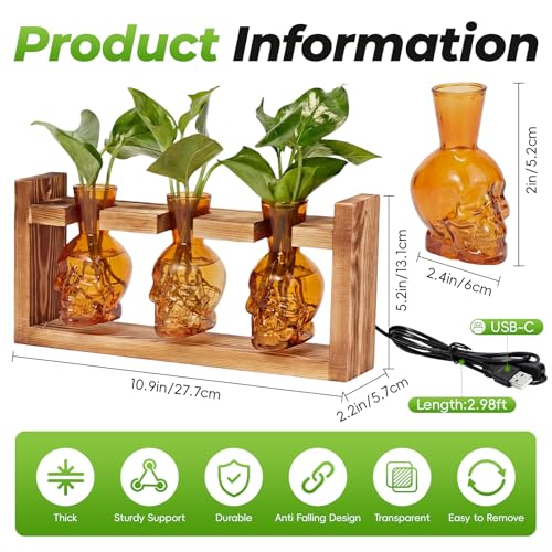 Skull Plant Propagation Station with LED Lights - Halloween Decor Skull Planter, Hydroponics Pot for Office, Unique Gifts for Women & Plant Lovers(Amber)