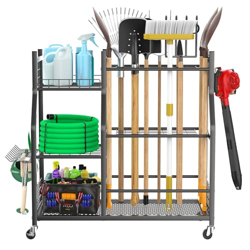 WALMANN Garden Tool Organizer with Wheels, Rakes/Shovels/Yard Tools Stand - size: 36.25 inch L