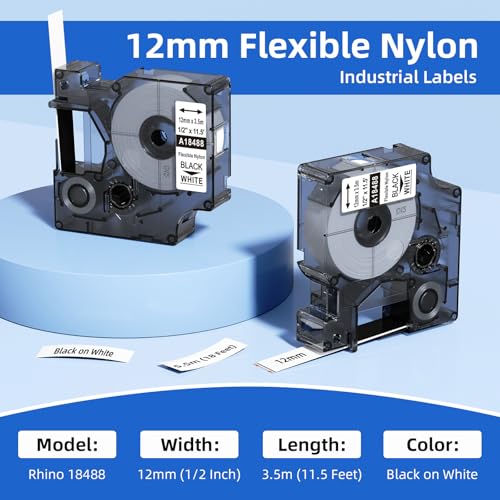 Compatible with Dymo Rhino 18488 1/2" White 12mm Flexible Nylon Label Tape - size: 1/2 inch, style: Flexible Nylon