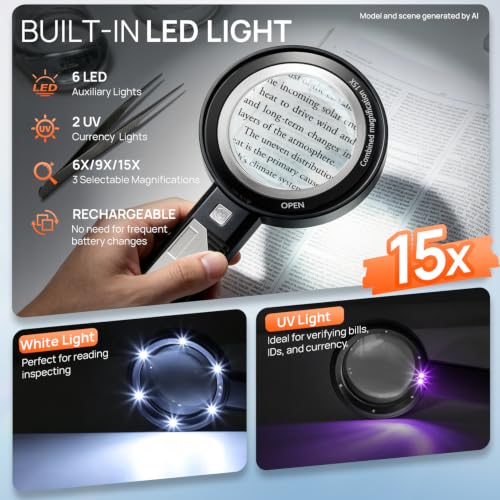 MLOGIROA Rechargeable Handheld Magnifier with LED & UV Light, 6X 9X 15X - color: Handheld Magnifier With Led