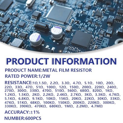 600 Pcs 1/2W 1% Tolerance 1~4.7M Ohm Metal Film Resistor Resistance Kit, 60 Values Each 10 Pcs - color: 600 pcs, size: 1/2W 1~4.7MΩ