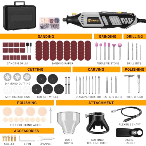 DEKOPRO Rotary Tool Kit, 1.5-Amp Corded Power Rotary Tools with 42" Flex Shaft, 6 Variable Speed, 8,000-35,000 RPM, 129 Pcs Accessories Kit for Cutting, Sanding, Grinding, Carving & DIY Projects Gray - color: Grey