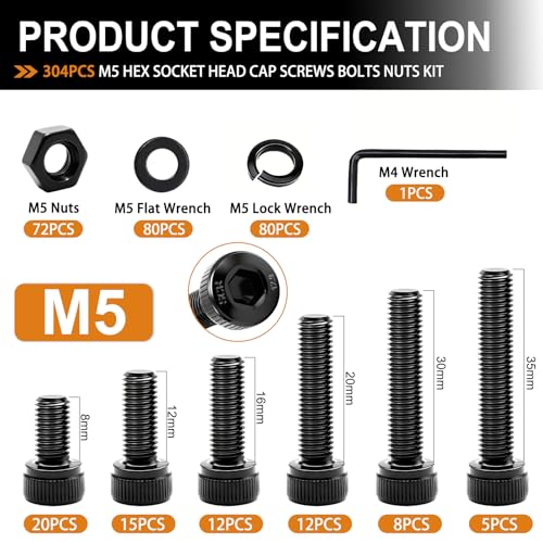 mankk 304PCS M5 Bolts Assortment Kit, Hex Socket Head Cap Screws Nuts - size: 304PCS M5 Kit