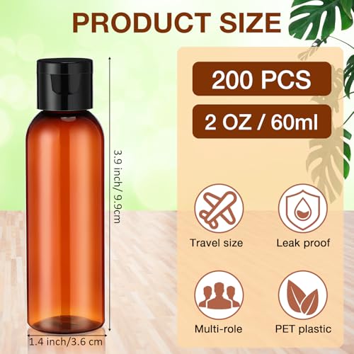 Zhehao 200 Pcs 2 oz Brown Plastic Empty Bottles with Lids(Black Cap) - color: Black Cap, Brown