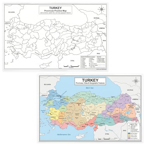 Turkey Map Poster 11x17 | Laminated Double-Sided Geography Chart with Color Map Front & Blank Outline Back | Reusable Classroom & Homeschool Learning Tool - color: Turkey