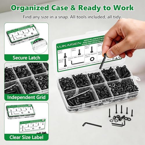 631PCS M3 Hex Socket Screw Assortment Kit, M3 x 6/8/10/12/16/20mm - size: M3 631pcs 3