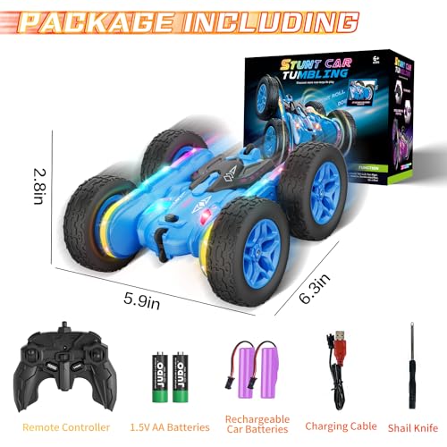 Terucle Remote Control Car, Rc Cars Stunt Toys New Upgraded Strip Lights and Headlights Toys Double-Sided 360° Rotating 4WD Drift Truck for Boys Girls Birthday Gift (Blue) - color: Blue