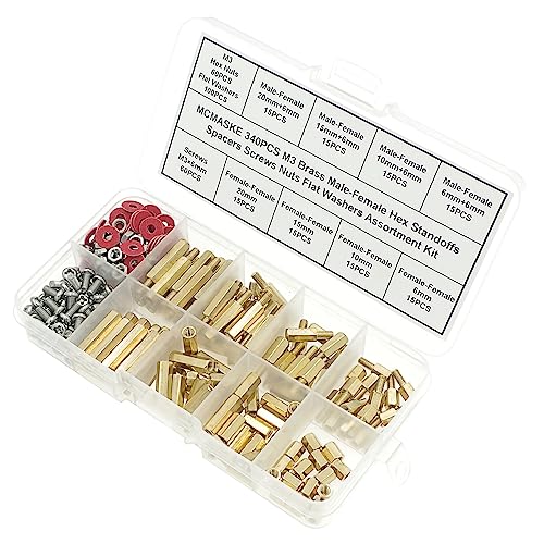 340PCS M3 Brass Male-Female Hex Standoffs Spacers Screws Nuts Flat Washers Assortment Kit;Female Lengths:6mm to 20mm - size: M3