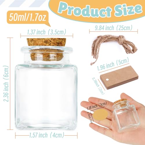 OurWarm 12 Pack Square Small Glass Bottles with Lids, 1.7OZ Mini Glass Jars with Cork Tag Label and Twine, Versatile Small Bottles for Candy Potion Spice DIY Crafts Gift Birthday Wedding Party Favors - size: 12pcs - 1.7oz
