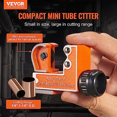 VEVOR Mini Copper Tubing Cutter, Mini Tubing Cutter for 1/8 to 1-1/8 Inch Copper Tubing, Heavy Duty Portable Tube Cutter with High-Speed SKD Blade for Aluminum, Plastic, Galvanized Pipes - size: 1/8"-1-1/8" O.D.