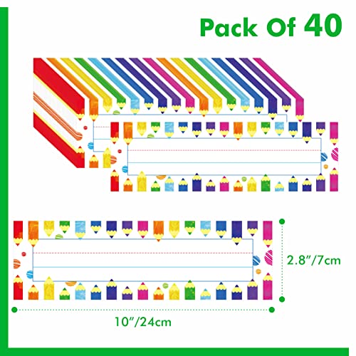 40PCS Desk Nameplates, Double Sided PET Film Desk Name Tags Erasable & Reusable Traditional Manuscript Name Plate Classroom Decoration for School Student (10” x 2.8”) - size: 10" x 2.8", style: Pencil A
