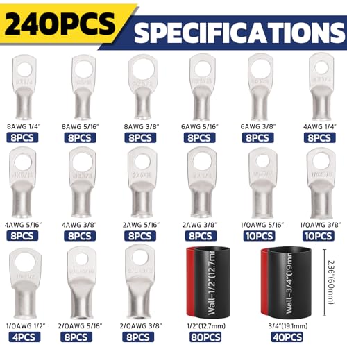 haisstronica 240PCS Tinned Cable Lug & Heat Shrink Kit AWG 8/6/4/2/0/00 - color: Tinned Copper, size: 240 PCS