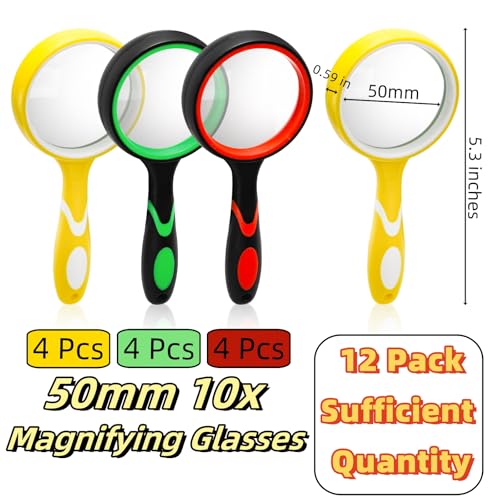 Coloch 12 Pack 10X Magnifying Glass, 50mm Handheld Reading Magnifier with Non-Slip Rubber Handle Glass Magnifying Lens for Kids, Seniors, Newspaper, Science and Nature Exploration, Age 3+