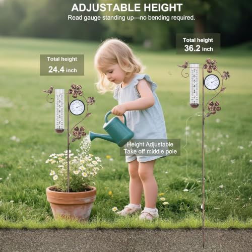 Rain Gauge Outdoor with Thermometer Garden Decorative, Bird Rain Gauges