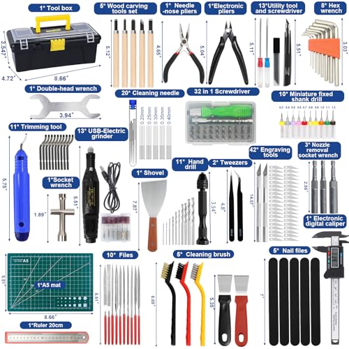 201PCS 3D Printer Tools Kit, 3D Printer Accessories for 3D Printer Modeler Basic Tools Diverse,Including Nozzle Cleaning Kit,Polishing Machine,Deburring Tool for Remove/Trim and Finish 3D Print - style: 201PCS