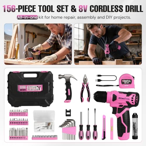 KingTool Tool Kit with 8V Cordless Drill, 156 Piece Tool Set for Home & DIY - color: Pink