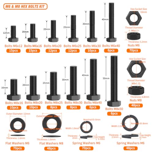 12.9 Grade Bolts and Nuts Assortment, 472pcs M6 M8 Hex Bolt Nut Washers Kit - size: M6 M8 Kits