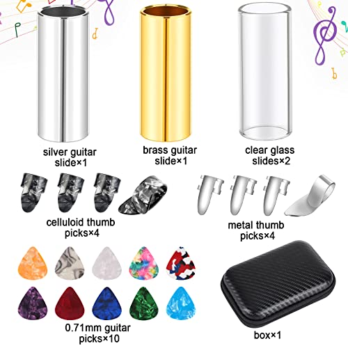 Guitar Slide, 4pcs Augshy Medium Guitar Slides(1 Stainless Steel, 1 Brass and 2 Glass), 4pcs Stainless Steel and 4pcs Plastic Thumb & Finger Picks, 10pcs Guitar Picks All in One Box Guitar Accessories - color: Multicolor 2