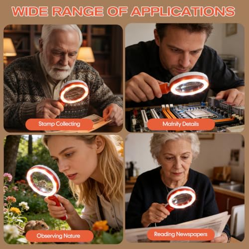 45X Magnifying Glass with Light, LED Rechargeable Magnifier for Seniors - color: Orange