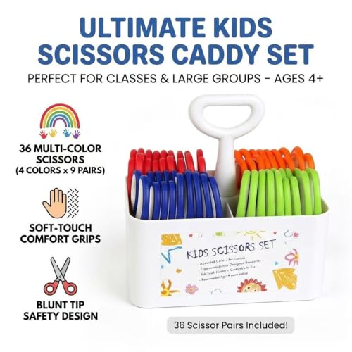Kids Scissors Set with Classpack Art Caddy Organizer (36 Count Teacher Pack, Rounded-tip, 5.5-inch) - Assorted Colors Blunt-tip School Student Crafting Scissors Supplies GD-043