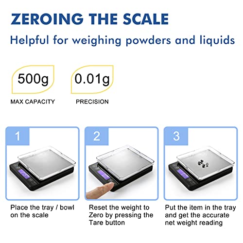 KitchenTour Mini Gram Scale for Coffee, Jewelry and Small Items, 500g x 0.01g Digital Pocket Scale with Tare, 6 Units, Back-Lit LCD, 2 Trays, Black (Pack of 2) - size: 500g/0.01g (Pack of 2)