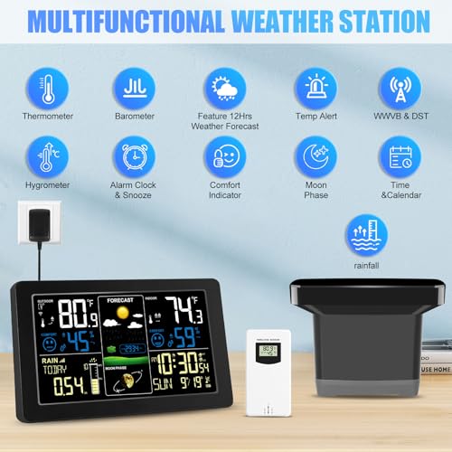 Digital Rain Gauge and Weather Station, Wireless Rain Gauge Outdoor, Home Weather Stations Wireless Indoor Outdoor with Thermometer, Barometer, Hygrometer, Atomic Clock, Weather Forecast and Alerts - color: Digital Rain Gauge and Weather Station