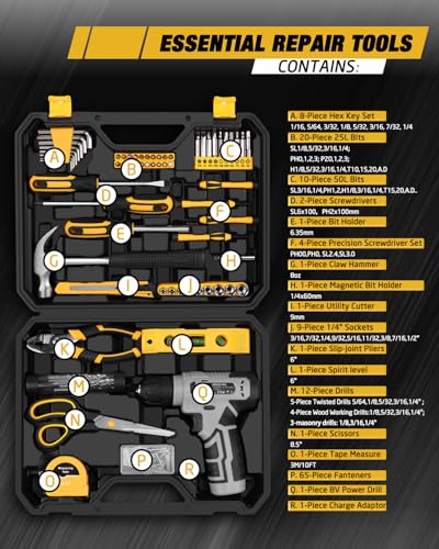 139-Piece Home Tool Kit with 8V Cordless Drill and Storage Case - color: Yellow
