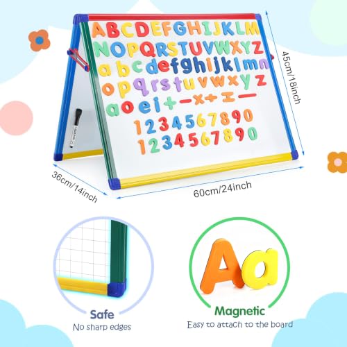 SWANCROWN Magnetic Board for Kids - Tabletop White Board for Children- 24x18 Inch Double Sided Foldable Dry Erase Board Standing with 82Pcs Alphabet Magnets Whiteboard Letters - color: tabletop Whiteboard