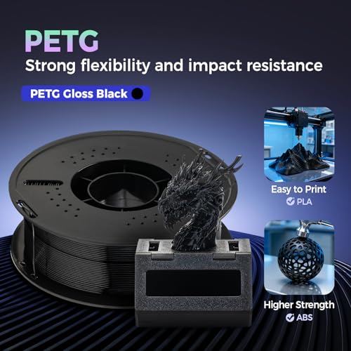 PETG Filament Gloss Black 1kg, Durability 3D Printer Filament, High Strength, Low Odor, Low Warping, Vacuum Sealed for FDM Printers, Perfect for Functional Parts, Outdoor Gear, or Daily Organizers - color: Petg Gloss Black
