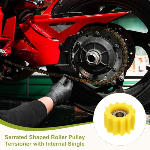 PATIKIL Serrated Shaped Roller Pulley Tensioner, 10mm Chain Roller, Yellow - color: Yellow