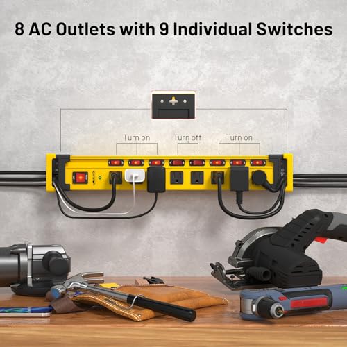 Plug'n 2 Packs 8 Outlet 2700J Surge Protector Power Strip with Individual Switches,Heavy Duty Garage Power Strip with Cord Manager,Flat Plug,6FT/14AWG Power Cord for Workshop,Shop,Home,Kitchen - color: yellow(8 outlet), size: 6FT 2Pack