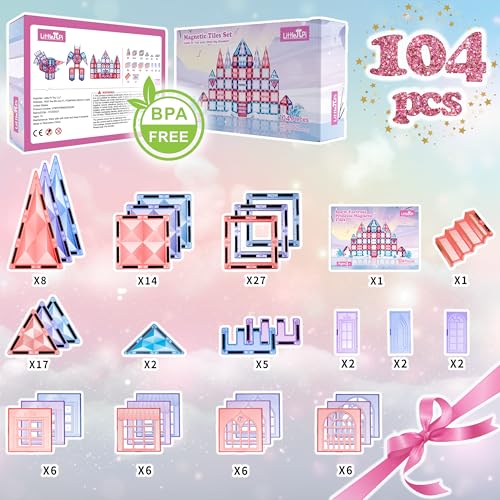 Little Pi 104pcs Frozen Princess Castle Magnetic Tiles Building Blocks - 3D Diamond Blocks, STEM Educational Toddler Toys for Pretend Play, 4 Year Old Girl Birthday Gifts Kids Ages 3 5 6 7 8 - Pink - color: Pink Castle