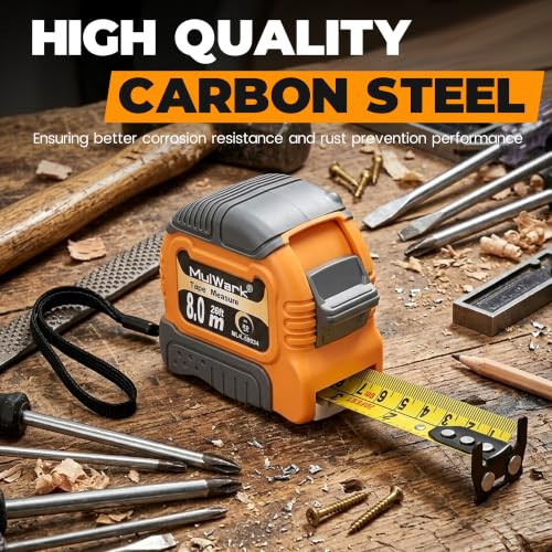 MulWark Wide Tape Measure 25 ft, Double Secure Blade Lock Tape Measure Retractable with Stop Button, Both-Side Metal Blade, Magnetic Hook for Construction, Carpenter, Architect, Woodworking - color: Yellow-Grey, size: 25 ft