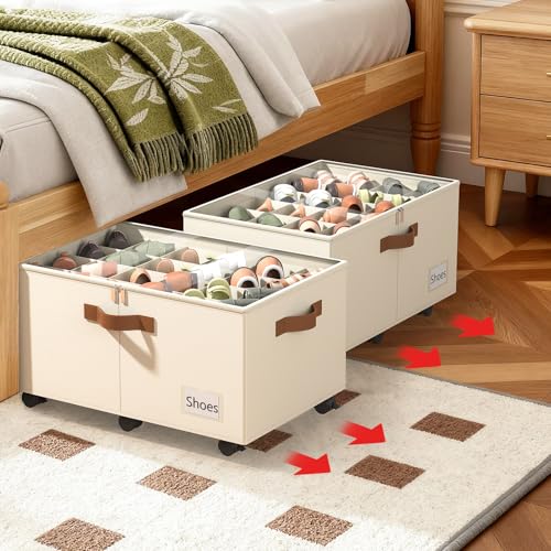 Foyego 2 Pack Shoe Organizer for Closet, Shoe Storage with Wheels, Beige - color: Beige, size: 25 ½"L x 17"W x 12 ½"H-2 Pack