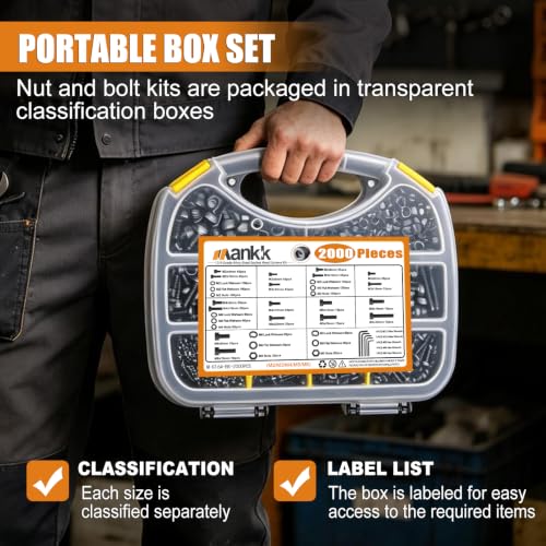 mankk 2000PCS Metric Screw Bolt Assortment Kit M2/M3/M4/M5/M6 Hex Socket Head Cap Bolts Nuts & Washers Set 12.9 Grade Alloy Steel Zinc Plated Metric Machine Screws - size: 2000PCS M2-M6 Kit