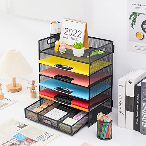 Lavatino 6-Tier Paper Organizer Letter Tray with Drawer - Mesh Desk File Paper Office Supplies Sorter Organizer for Office, Home or School File Folder Holder - Black - color: 6 Tier - Black