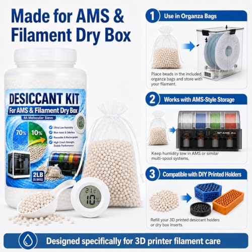 4A Molecular Sieve Desiccant for 3D Printer Filament, 2LB 3D Printer Desiccant Beads Kit with Digital Hygrometer, 10 Organza Bags & Scoop, Reusable Desiccant for Bambu Lab AMS, Filament Dry Storage